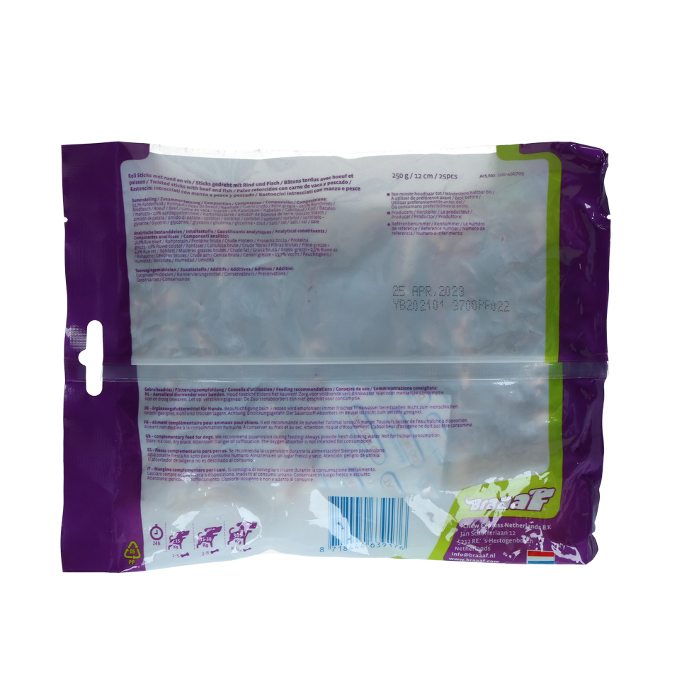 Braaaf Rawhide Roll Sticks Beef & Fish - 25 pcs
